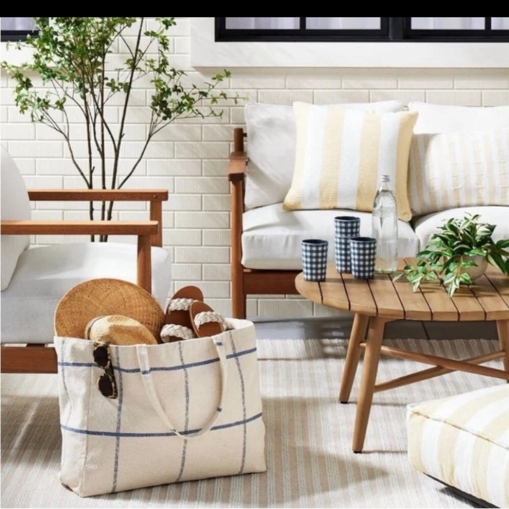 Distressed Grid Lines Market Bag Blue/Natural - Target